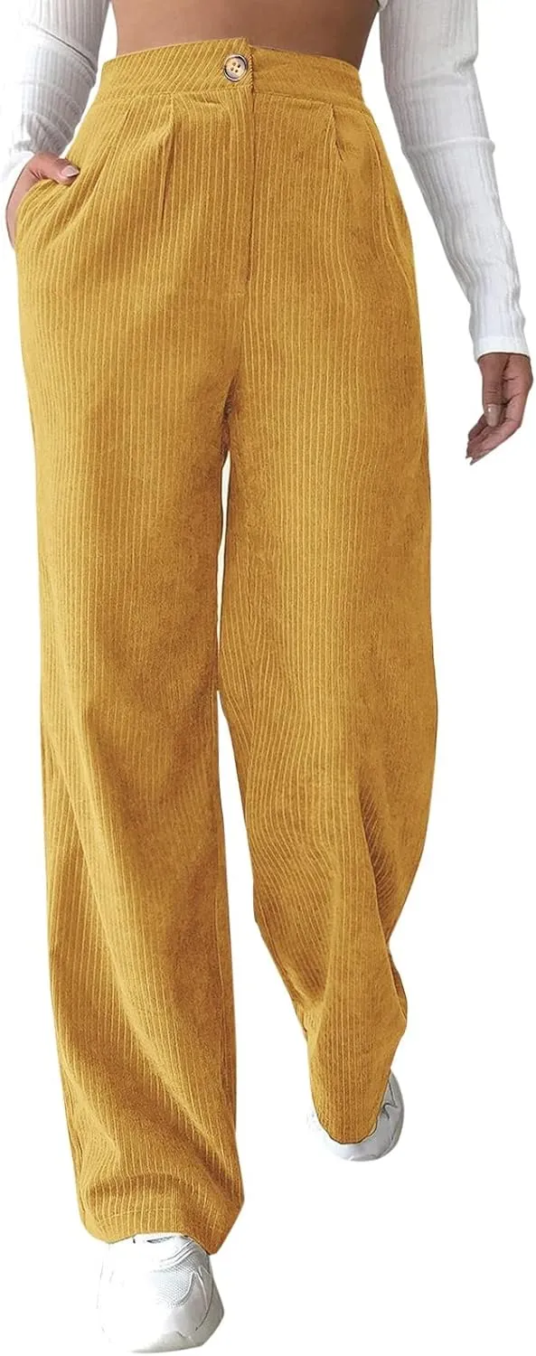 Womens Plus Size Corduroy Pants High Waisted Wide Leg Trousers Straight Leg Trendy Work Pants with Pockets