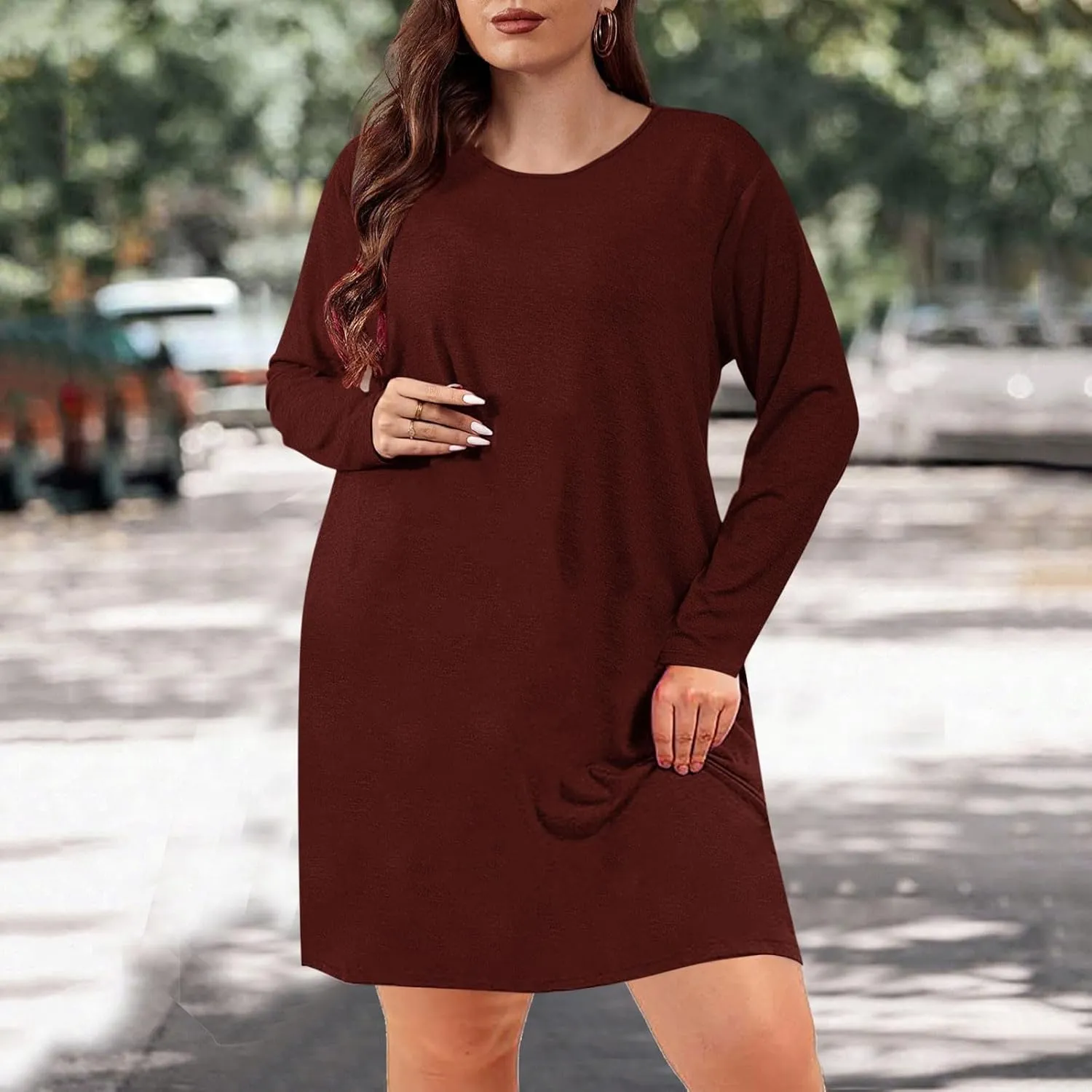 Womens Round Neck Long Sleeve Mini Dress Casual Loose Fit Shift Dress Nightgown Soft Sleep Dress Plus Size Sleepwear