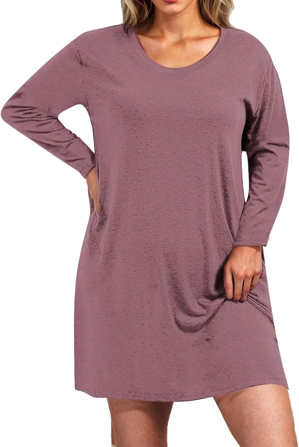 Womens Round Neck Long Sleeve Mini Dress Casual Loose Fit Shift Dress Nightgown Soft Sleep Dress Plus Size Sleepwear