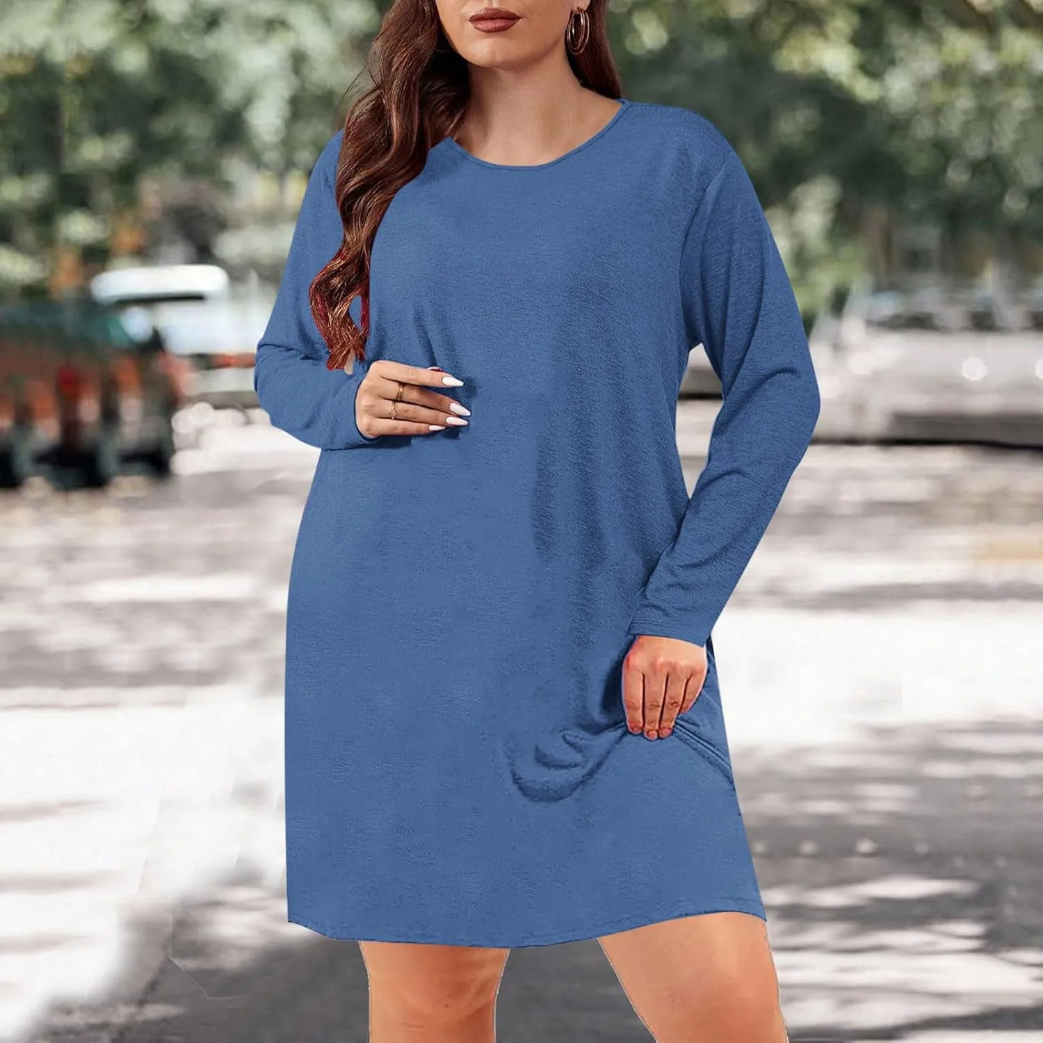 Womens Round Neck Long Sleeve Mini Dress Casual Loose Fit Shift Dress Nightgown Soft Sleep Dress Plus Size Sleepwear