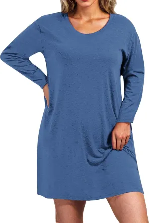 Womens Round Neck Long Sleeve Mini Dress Casual Loose Fit Shift Dress Nightgown Soft Sleep Dress Plus Size Sleepwear