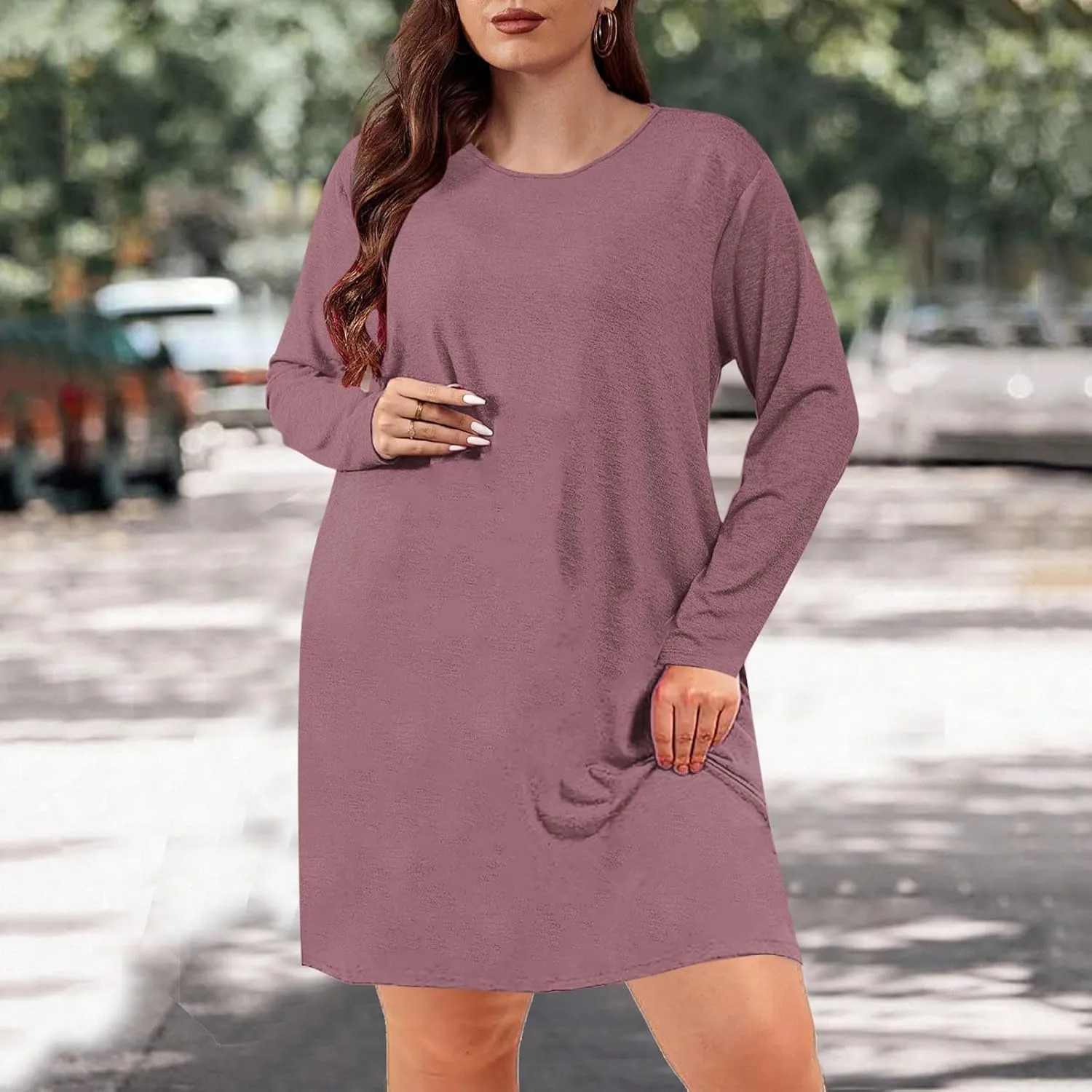 Womens Round Neck Long Sleeve Mini Dress Casual Loose Fit Shift Dress Nightgown Soft Sleep Dress Plus Size Sleepwear