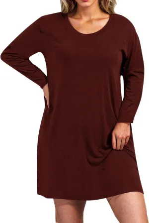 Womens Round Neck Long Sleeve Mini Dress Casual Loose Fit Shift Dress Nightgown Soft Sleep Dress Plus Size Sleepwear