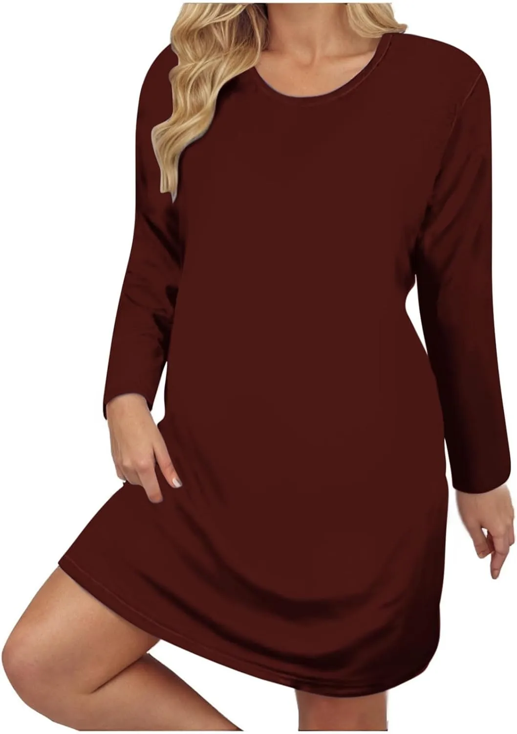 Womens Round Neck Long Sleeve Mini Dress Casual Loose Fit Shift Dress Nightgown Soft Sleep Dress Plus Size Sleepwear