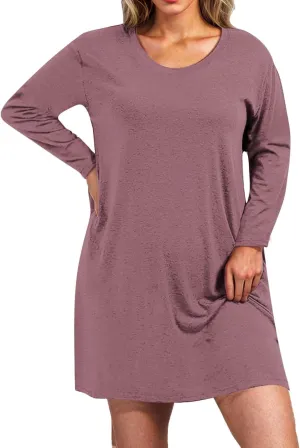 Womens Round Neck Long Sleeve Mini Dress Casual Loose Fit Shift Dress Nightgown Soft Sleep Dress Plus Size Sleepwear