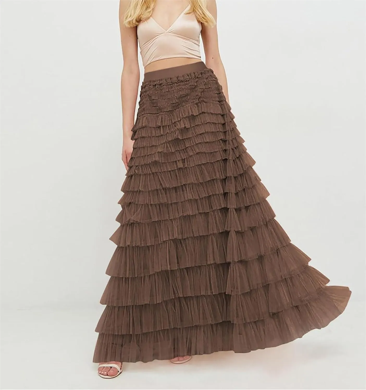 Women's Ruffle Tiered Tulle Fairy Skirt High Waist Cake Puffy Layered Tutu Bubble Maxi Skirts