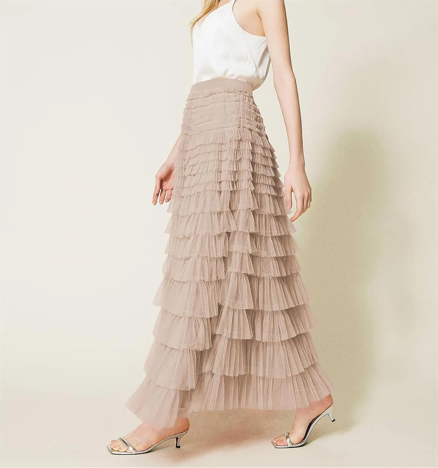 Women's Ruffle Tiered Tulle Fairy Skirt High Waist Cake Puffy Layered Tutu Bubble Maxi Skirts