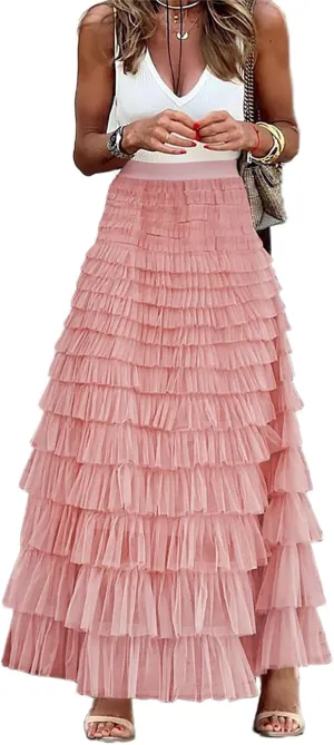 Women's Ruffle Tiered Tulle Fairy Skirt High Waist Cake Puffy Layered Tutu Bubble Maxi Skirts
