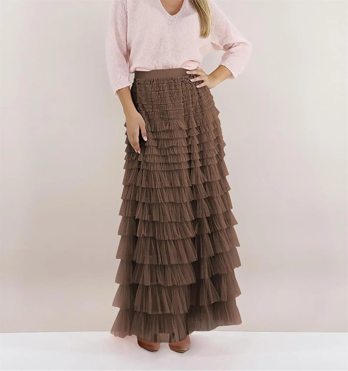 Women's Ruffle Tiered Tulle Fairy Skirt High Waist Cake Puffy Layered Tutu Bubble Maxi Skirts