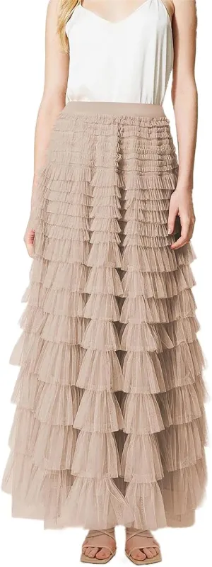 Women's Ruffle Tiered Tulle Fairy Skirt High Waist Cake Puffy Layered Tutu Bubble Maxi Skirts
