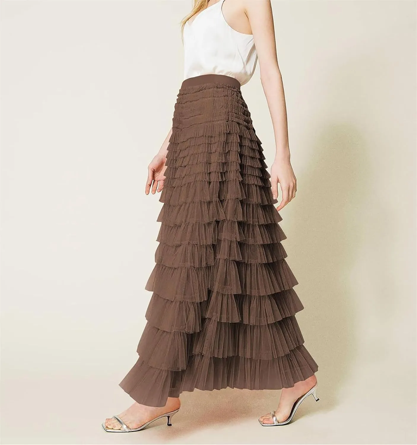 Women's Ruffle Tiered Tulle Fairy Skirt High Waist Cake Puffy Layered Tutu Bubble Maxi Skirts