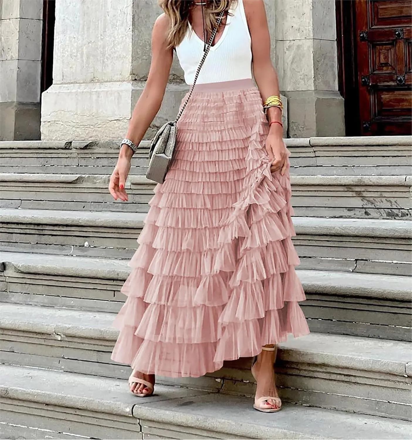 Women's Ruffle Tiered Tulle Fairy Skirt High Waist Cake Puffy Layered Tutu Bubble Maxi Skirts