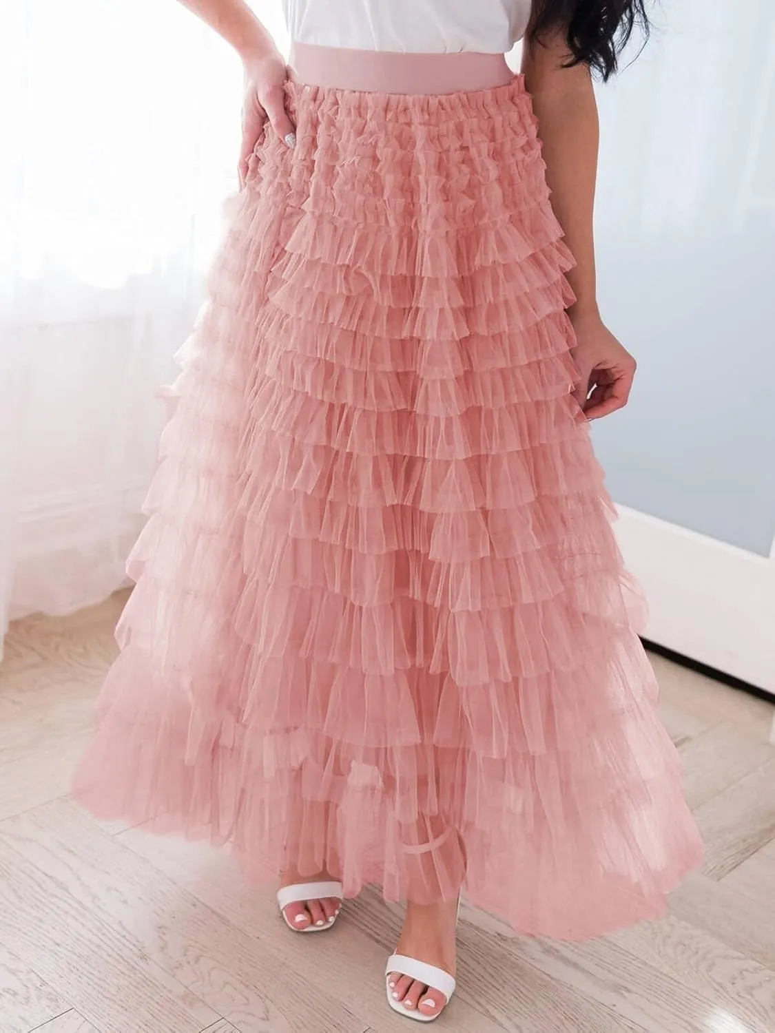 Women's Ruffle Tiered Tulle Fairy Skirt High Waist Cake Puffy Layered Tutu Bubble Maxi Skirts
