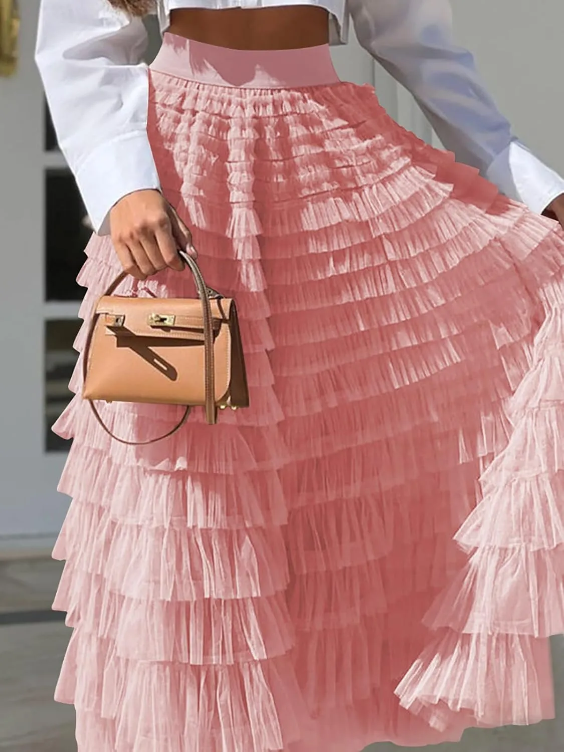 Women's Ruffle Tiered Tulle Fairy Skirt High Waist Cake Puffy Layered Tutu Bubble Maxi Skirts