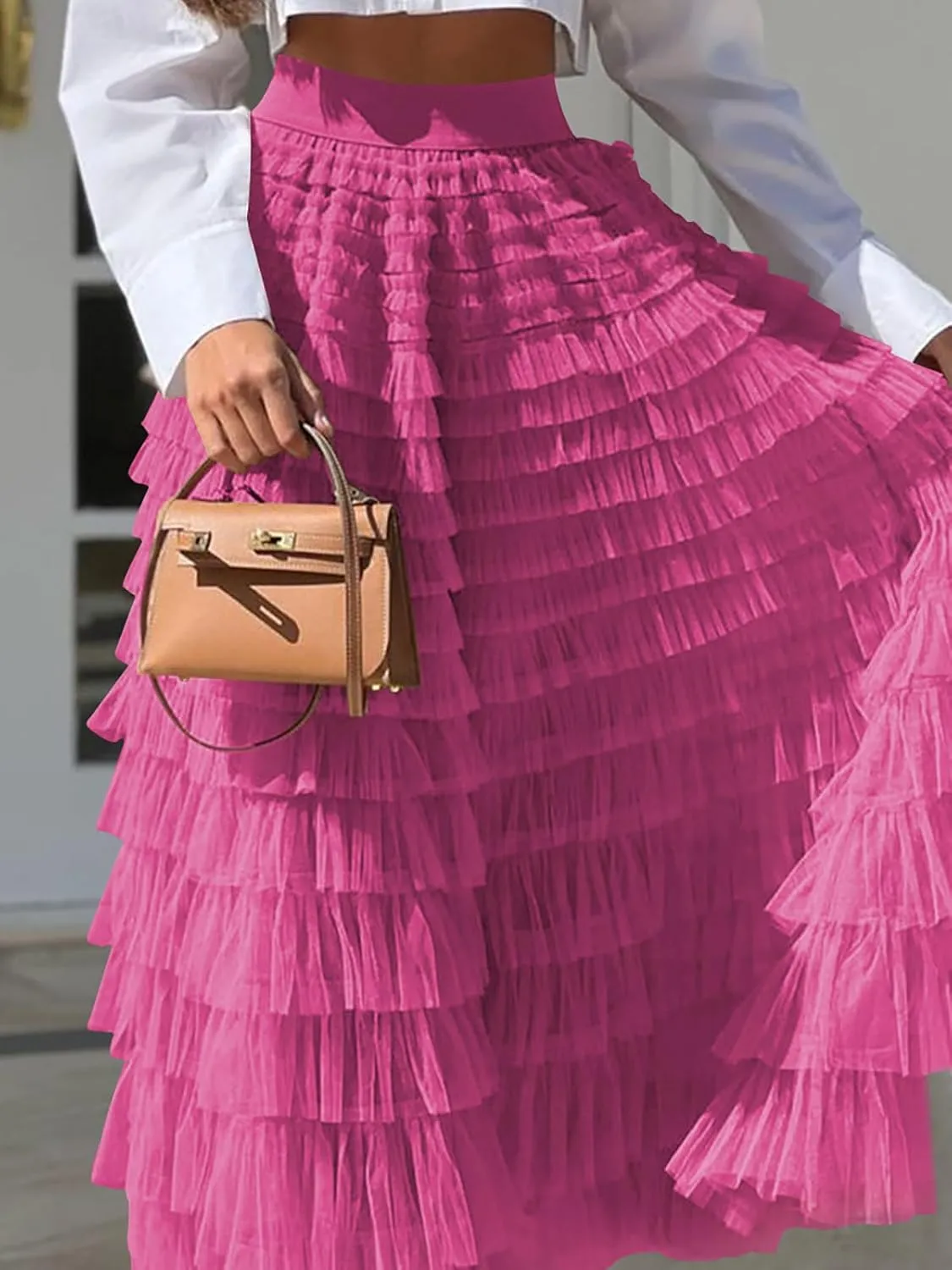 Women's Ruffle Tiered Tulle Fairy Skirt High Waist Cake Puffy Layered Tutu Bubble Maxi Skirts