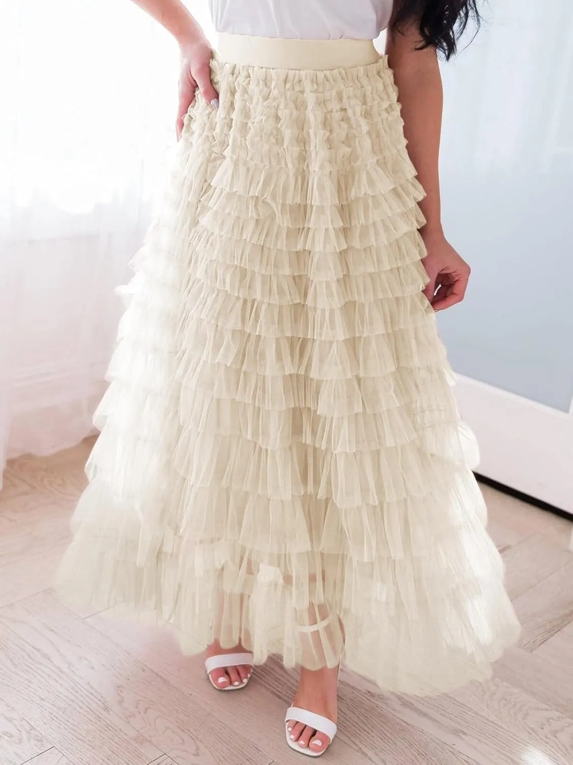 Women's Ruffle Tiered Tulle Fairy Skirt High Waist Cake Puffy Layered Tutu Bubble Maxi Skirts