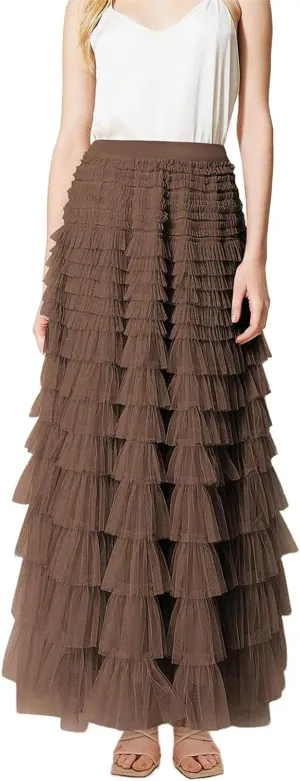 Women's Ruffle Tiered Tulle Fairy Skirt High Waist Cake Puffy Layered Tutu Bubble Maxi Skirts