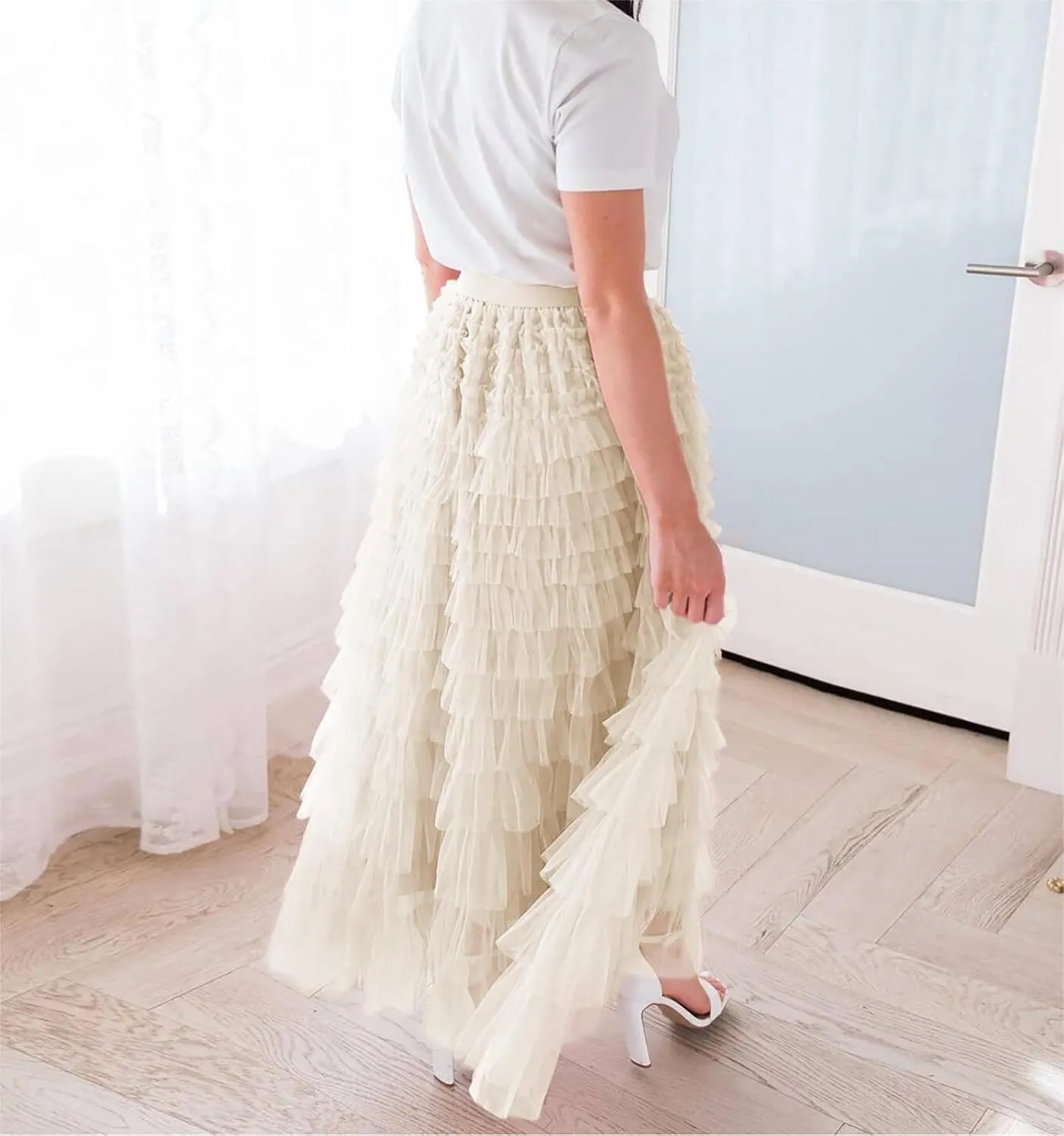 Women's Ruffle Tiered Tulle Fairy Skirt High Waist Cake Puffy Layered Tutu Bubble Maxi Skirts