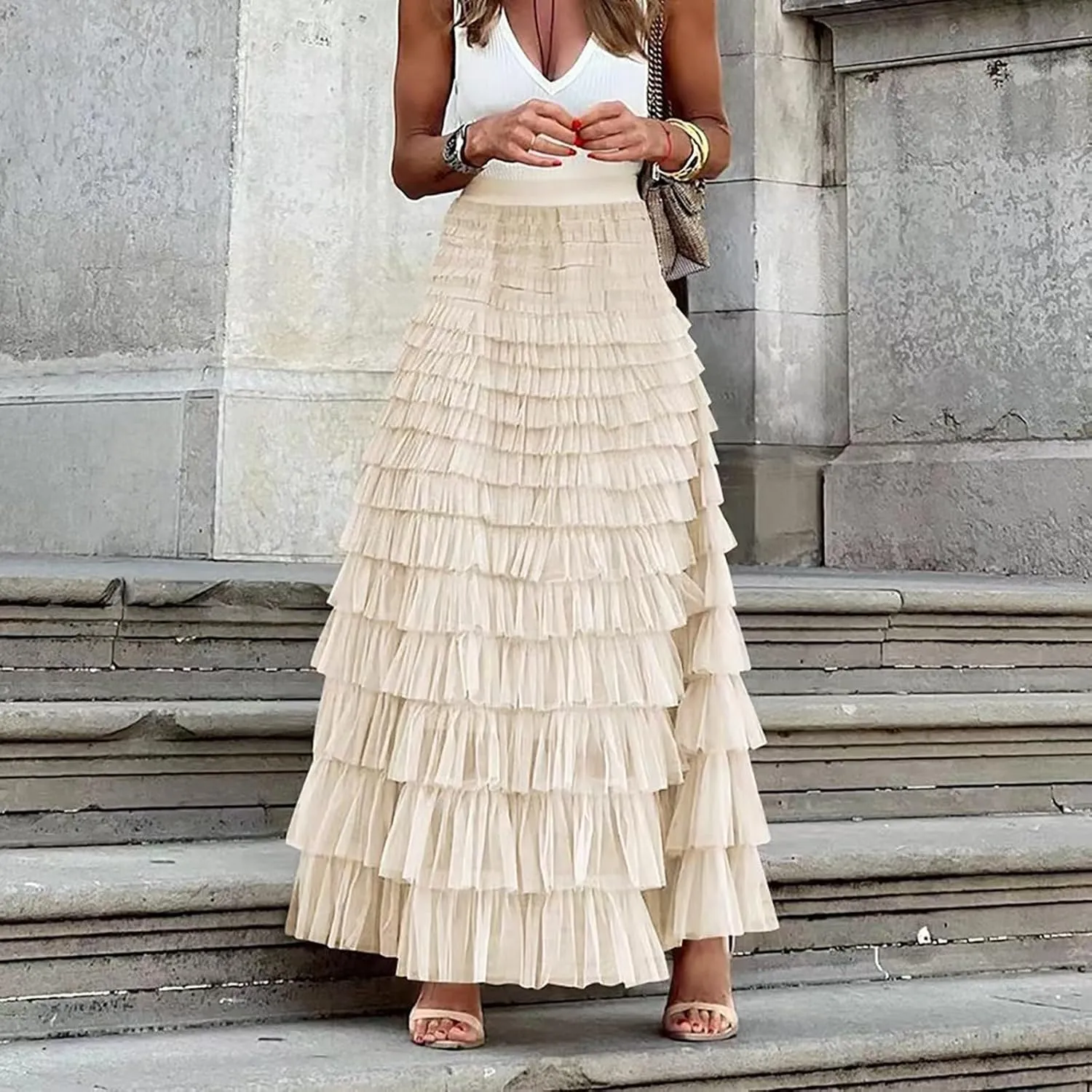 Women's Ruffle Tiered Tulle Fairy Skirt High Waist Cake Puffy Layered Tutu Bubble Maxi Skirts