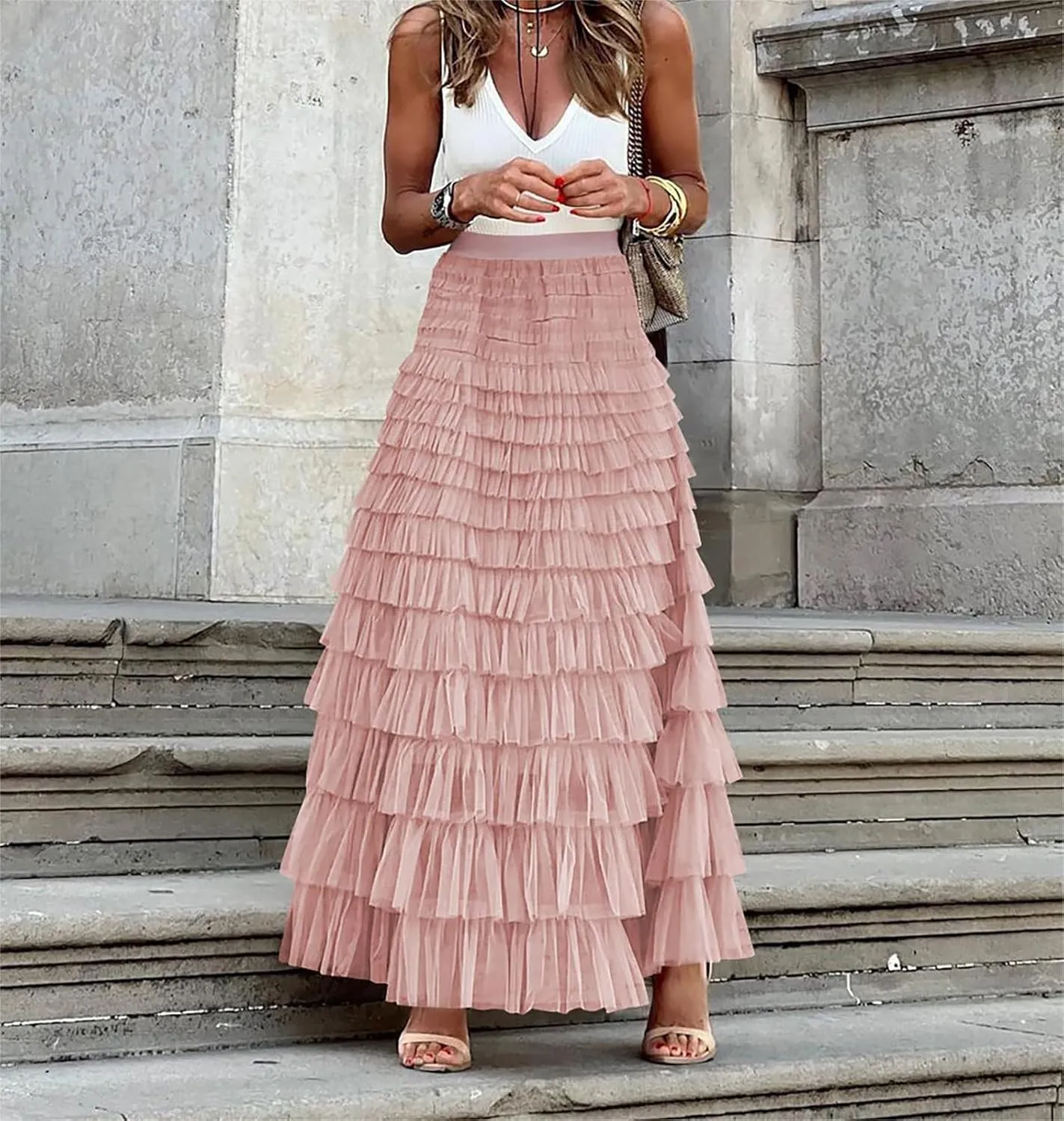 Women's Ruffle Tiered Tulle Fairy Skirt High Waist Cake Puffy Layered Tutu Bubble Maxi Skirts