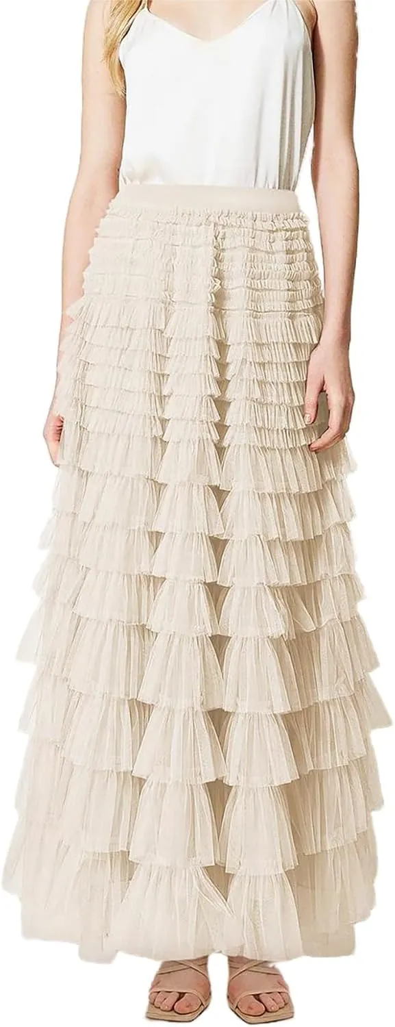 Women's Ruffle Tiered Tulle Fairy Skirt High Waist Cake Puffy Layered Tutu Bubble Maxi Skirts