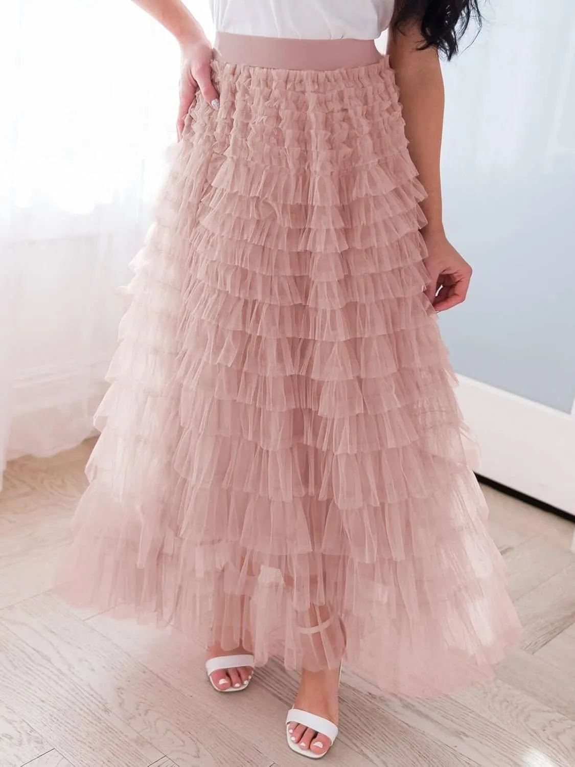 Women's Ruffle Tiered Tulle Fairy Skirt High Waist Cake Puffy Layered Tutu Bubble Maxi Skirts