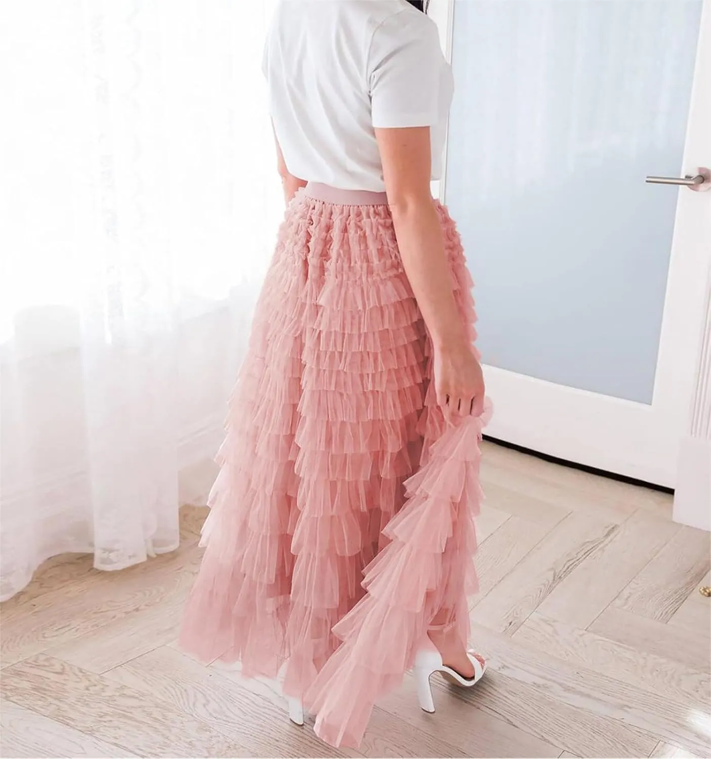 Women's Ruffle Tiered Tulle Fairy Skirt High Waist Cake Puffy Layered Tutu Bubble Maxi Skirts
