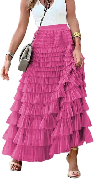 Women's Ruffle Tiered Tulle Fairy Skirt High Waist Cake Puffy Layered Tutu Bubble Maxi Skirts