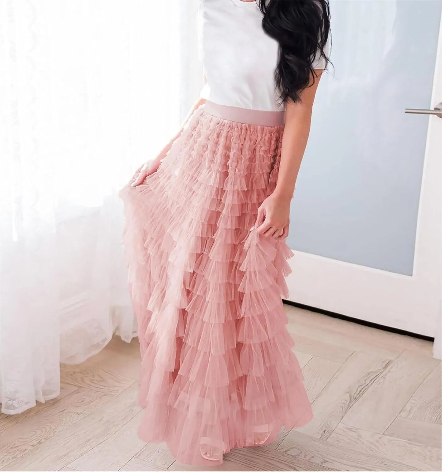 Women's Ruffle Tiered Tulle Fairy Skirt High Waist Cake Puffy Layered Tutu Bubble Maxi Skirts