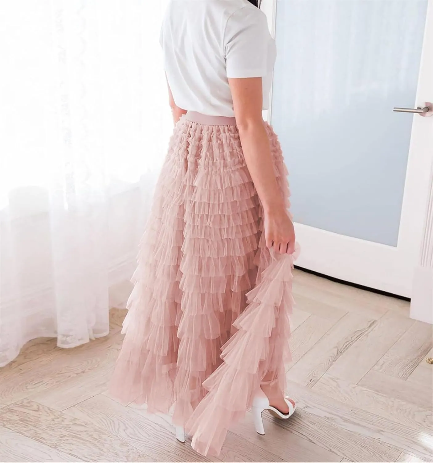 Women's Ruffle Tiered Tulle Fairy Skirt High Waist Cake Puffy Layered Tutu Bubble Maxi Skirts