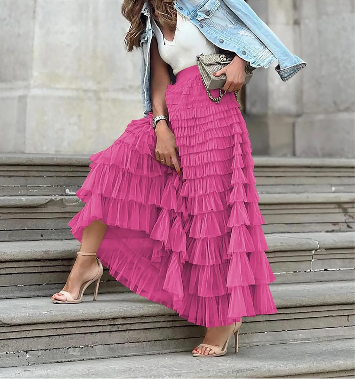 Women's Ruffle Tiered Tulle Fairy Skirt High Waist Cake Puffy Layered Tutu Bubble Maxi Skirts