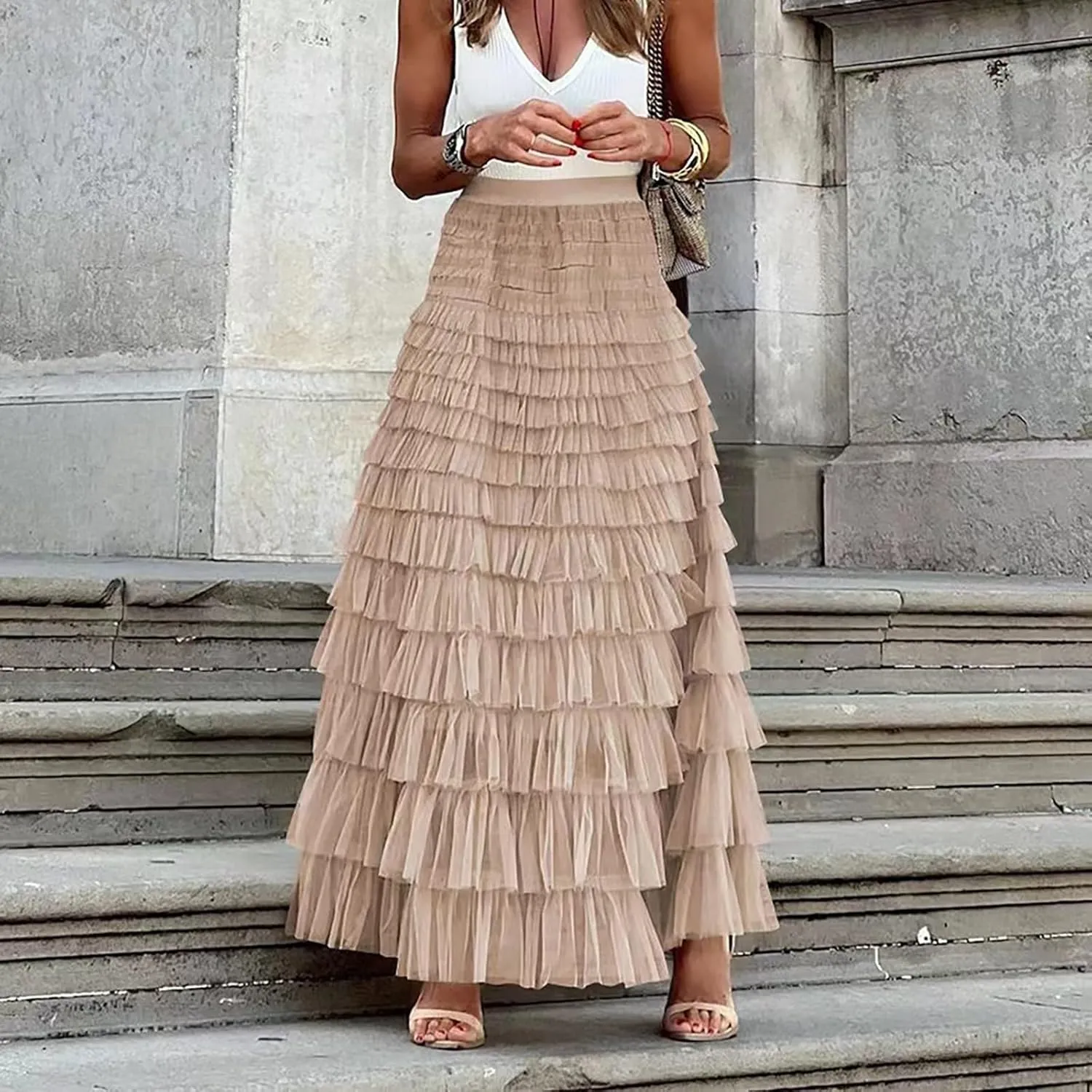Women's Ruffle Tiered Tulle Fairy Skirt High Waist Cake Puffy Layered Tutu Bubble Maxi Skirts