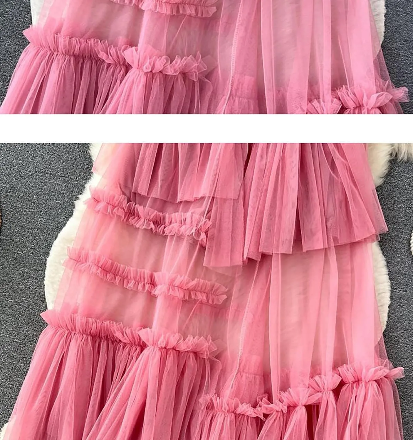Women's Ruffle Tulle See Through Mesh Long Skirt High Waist Tiered Irregular Layered Sheer Maxi Skirts