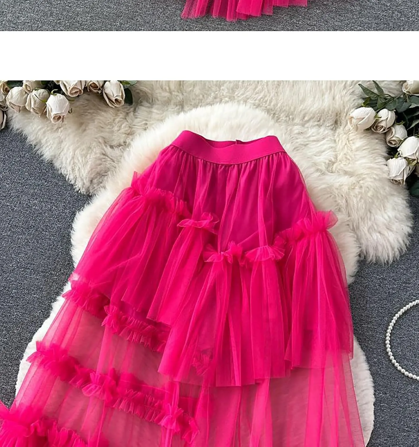 Women's Ruffle Tulle See Through Mesh Long Skirt High Waist Tiered Irregular Layered Sheer Maxi Skirts