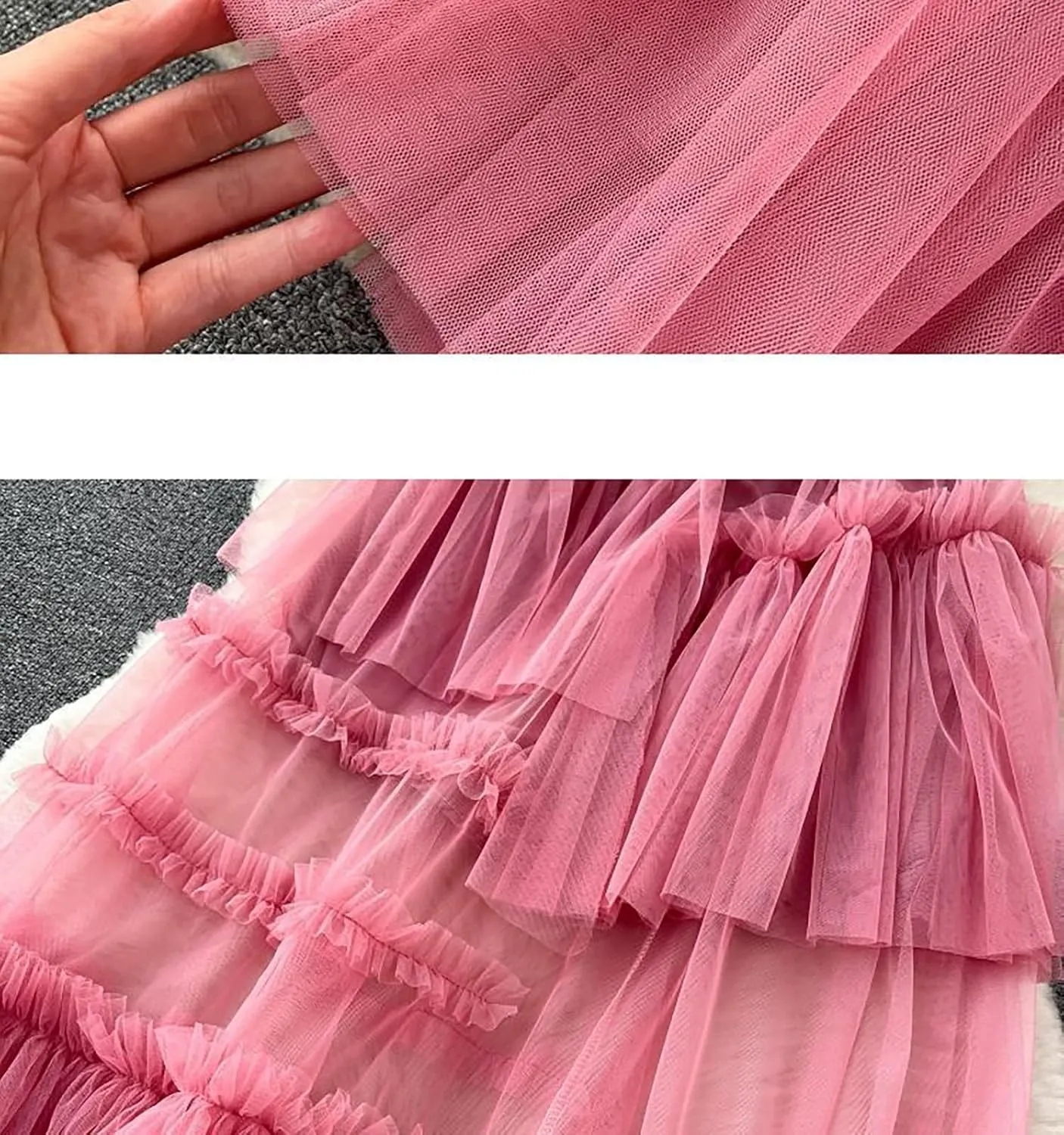 Women's Ruffle Tulle See Through Mesh Long Skirt High Waist Tiered Irregular Layered Sheer Maxi Skirts