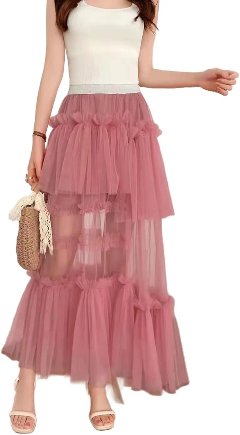 Women's Ruffle Tulle See Through Mesh Long Skirt High Waist Tiered Irregular Layered Sheer Maxi Skirts