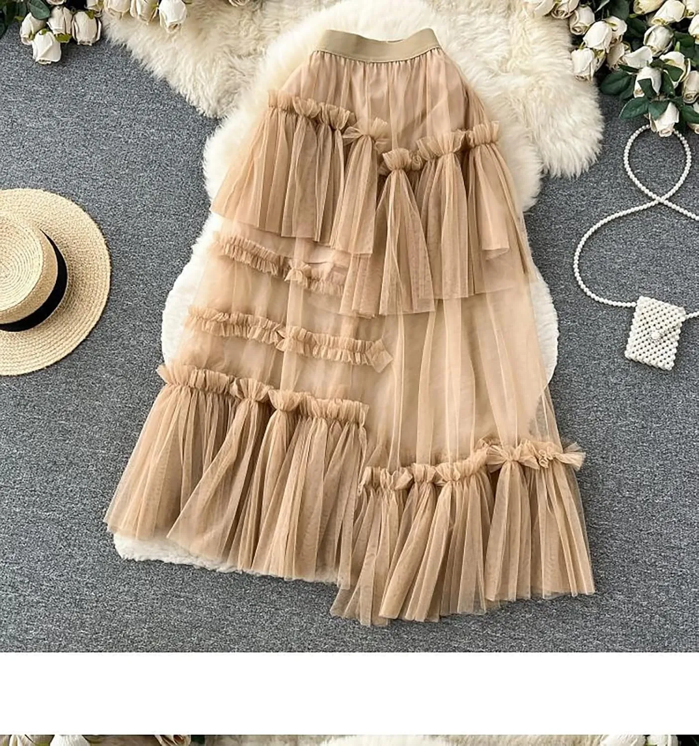 Women's Ruffle Tulle See Through Mesh Long Skirt High Waist Tiered Irregular Layered Sheer Maxi Skirts