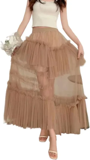 Women's Ruffle Tulle See Through Mesh Long Skirt High Waist Tiered Irregular Layered Sheer Maxi Skirts