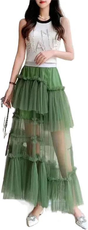 Women's Ruffle Tulle See Through Mesh Long Skirt High Waist Tiered Irregular Layered Sheer Maxi Skirts