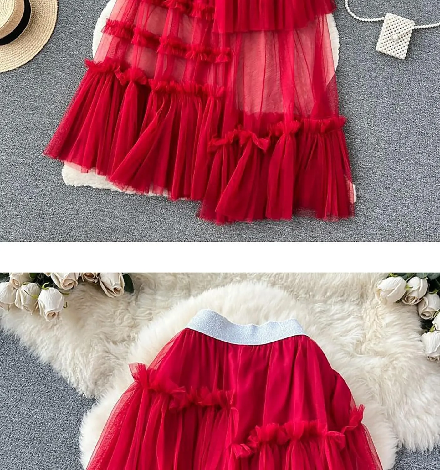 Women's Ruffle Tulle See Through Mesh Long Skirt High Waist Tiered Irregular Layered Sheer Maxi Skirts