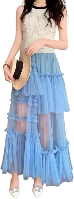 Women's Ruffle Tulle See Through Mesh Long Skirt High Waist Tiered Irregular Layered Sheer Maxi Skirts