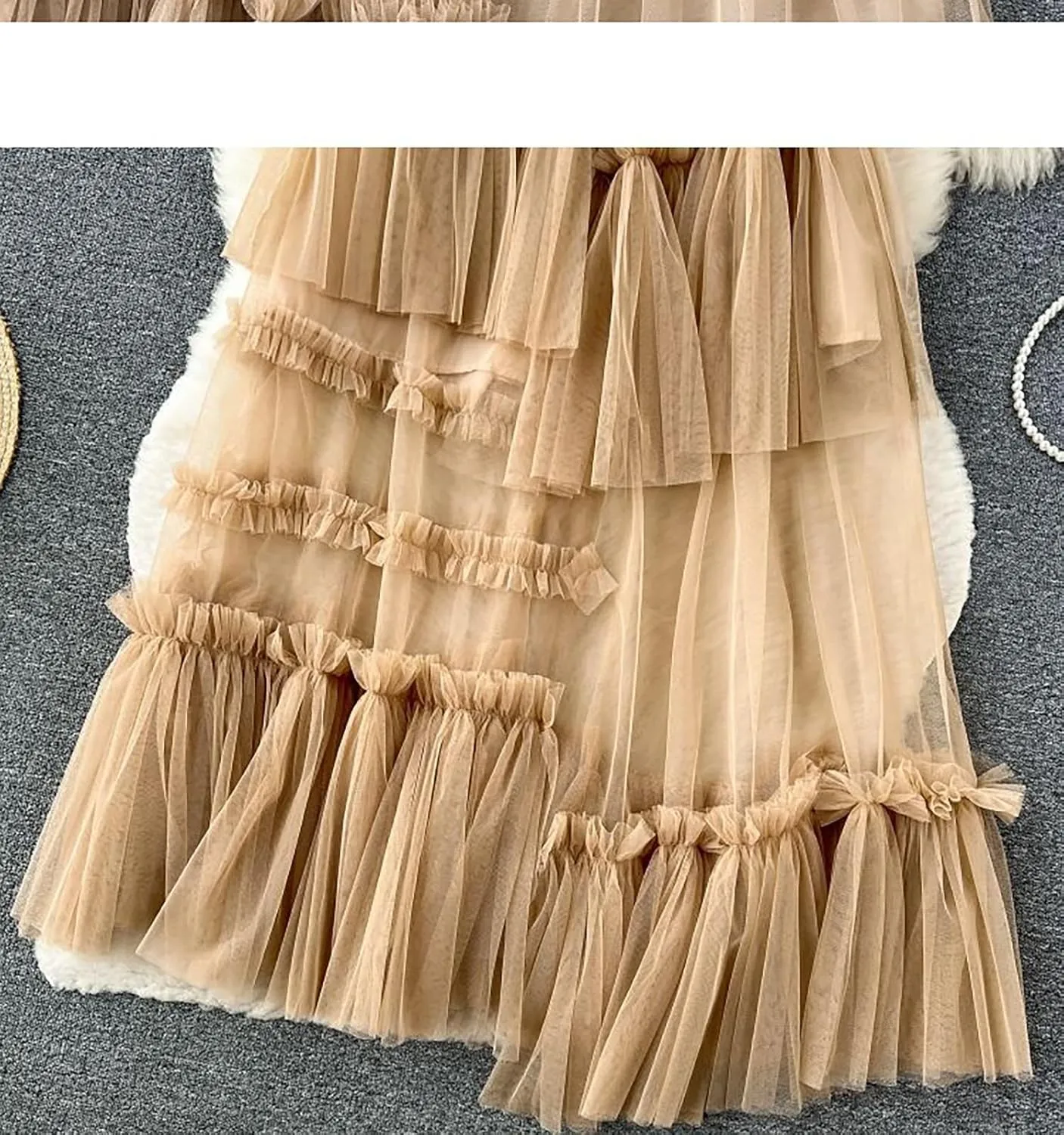 Women's Ruffle Tulle See Through Mesh Long Skirt High Waist Tiered Irregular Layered Sheer Maxi Skirts