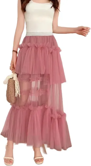 Women's Ruffle Tulle See Through Mesh Long Skirt High Waist Tiered Irregular Layered Sheer Maxi Skirts