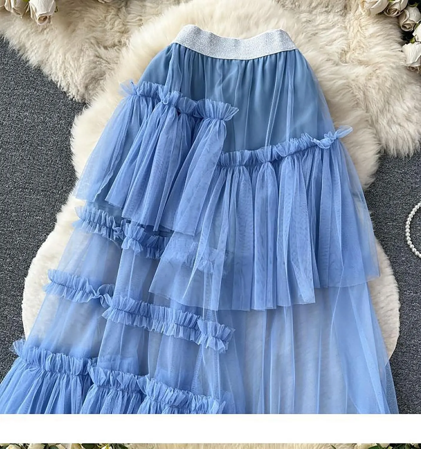 Women's Ruffle Tulle See Through Mesh Long Skirt High Waist Tiered Irregular Layered Sheer Maxi Skirts
