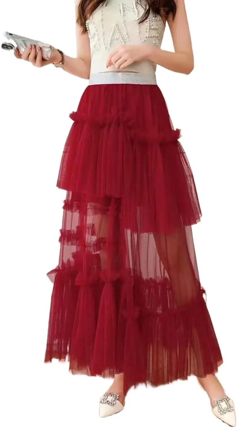Women's Ruffle Tulle See Through Mesh Long Skirt High Waist Tiered Irregular Layered Sheer Maxi Skirts