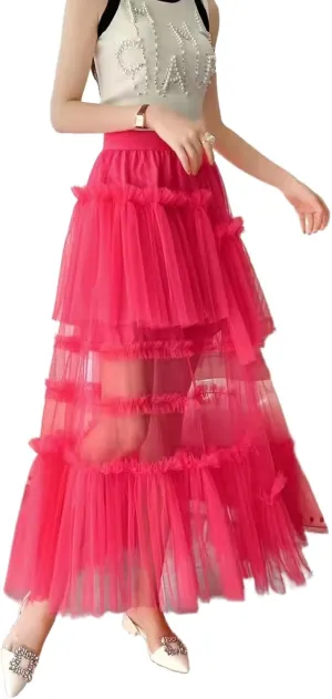 Women's Ruffle Tulle See Through Mesh Long Skirt High Waist Tiered Irregular Layered Sheer Maxi Skirts
