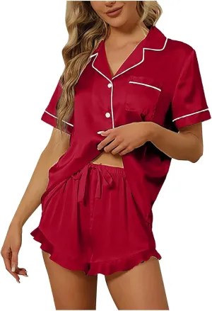 Women's Satin Pajamas Set Fashion V Neck Short Sleeve and Drawstring Elastic Lace Hem Short Lounge Pant