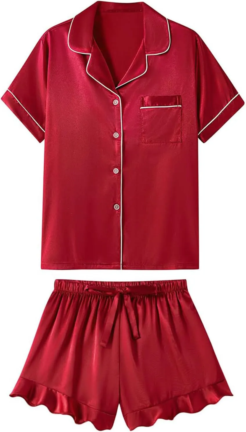 Women's Satin Pajamas Set Fashion V Neck Short Sleeve and Drawstring Elastic Lace Hem Short Lounge Pant