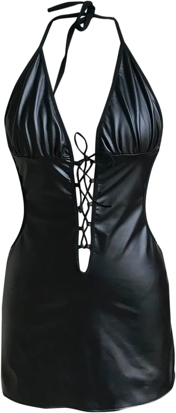 Womens Sexy Lace Babydoll Chemise Hollow-Out Spaghetti Strap Sleepwear Dress with Bow-Knot Nightwear Negligee