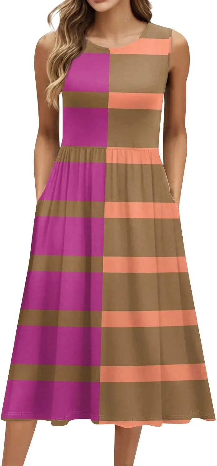 Women's Sleeveless Floral Print Midi Dress with Pockets Elegant Casual Summer Dress for Parties and Daily Wear